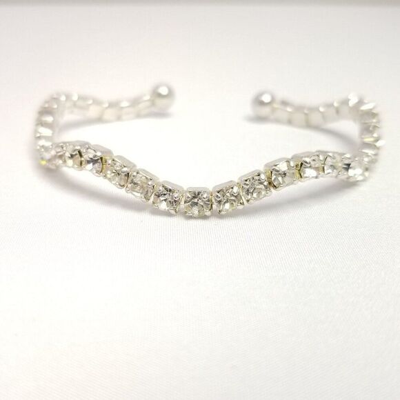 Vintage Wavy Rhinestone Bangle Bracelet, Silver Tone Cuff, Estate - Picture 6 of 7